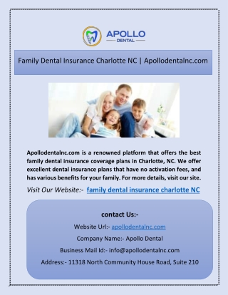 Family Dental Insurance Charlotte NC | Apollodentalnc.com