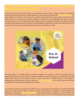 Learn The Importance Of Enrolling The Kids In The Reputed Pre-School