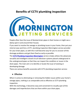 CCTV Plumbing Inspection Mornington