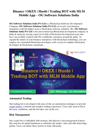 Binance _ OKEX _ Huobi _ Trading BOT with MLM Mobile App - OGSS India