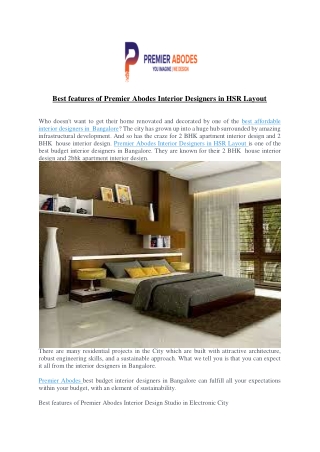 Best features of Premier Abodes Interior Designers in HSR Layout