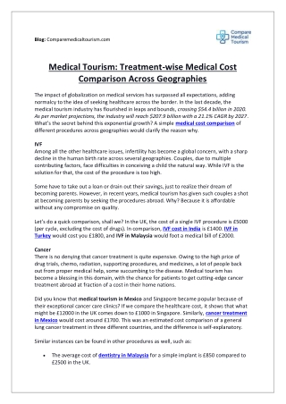 Medical Tourism: Treatment-wise Medical Cost Comparison Across Geographies