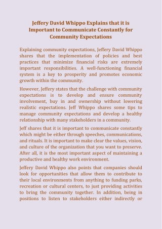 Jeffery David Whippo Explains that it is Important to Communicate Constantly for Community Expectations