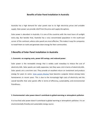 Benefits Of Solar Panel Installation In Australia