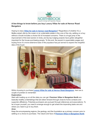 A few things to know before you buy Luxury Villas for sale at Hennur Road Bangalore