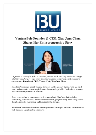 VenturePole Founder & CEO, Xiao Jean Chen, Shares Her Entrepreneurship Story