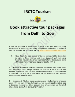 Book attractive tour packages from Delhi to Goa