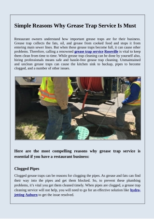 Simple Reasons Why Grease Trap Service Is Must