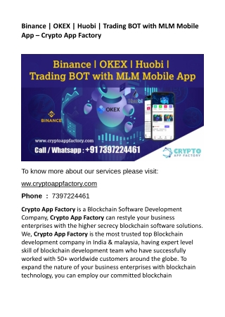 Binance _ OKEX _ Huobi _ Trading BOT with MLM Mobile App - Crypto App Factory