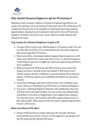 Why should Chemical Engineers opt for PE licensure?