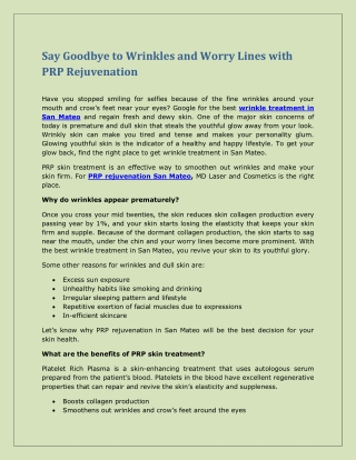 Say Goodbye to Wrinkles and Worry Lines with PRP Rejuvenation