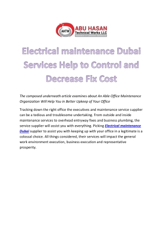 Electrical maintenance Dubai Services Help to Control and Decrease Fix Cost