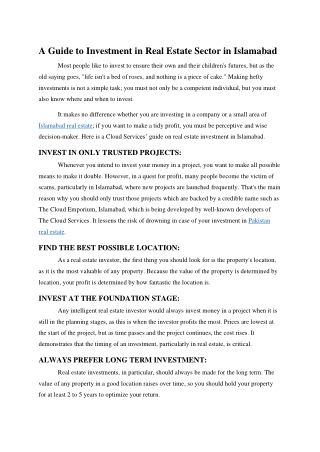 A Guide to Investment in Real Estate Sector in Islamabad
