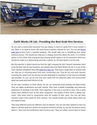 Earth Works UK Ltd- Providing the Best Grab Hire Services