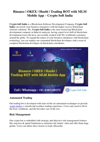 Binance _ OKEX _ Huobi _ Trading BOT with MLM Mobile App - Crypto Soft India