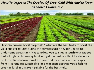 How To Improve The Quality Of Crop Yield With Advice From Benedict T Palen Jr.