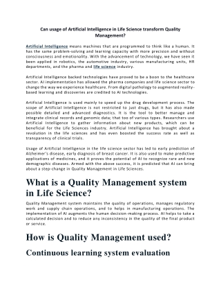 Can usage of Artificial Intelligence in Life Sciences transform Quality Management