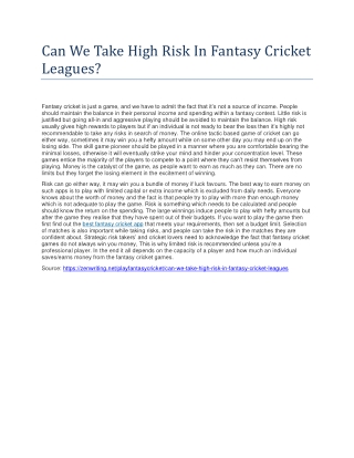 Can We Take High Risk In Fantasy Cricket Leagues