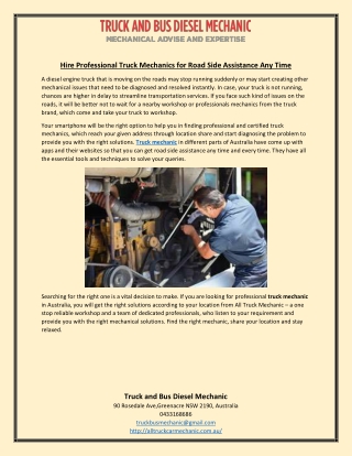 Hire Professional Truck Mechanics for Road Side Assistance Any Time