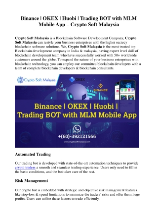 Binance _ OKEX _ Huobi _ Trading BOT with MLM Mobile App - Crypto Soft Malaysia