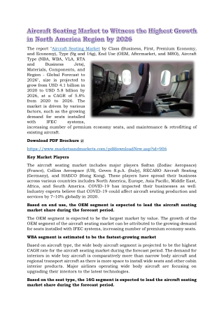 Aircraft Seating Market to Witness the Highest Growth in North America Region