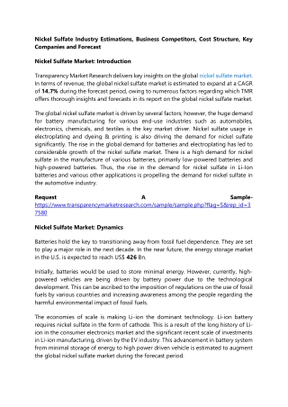 Nickel Sulfate Industry Estimations, Business Competitors, Cost Structure, Key C