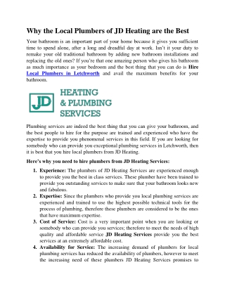 Why the Local Plumbers of JD Heating are the Best