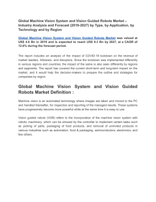 Global Machine Vision System and Vision Guided Robots Market