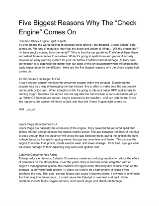 Five Biggest Reasons Why The “Check Engine” Comes On