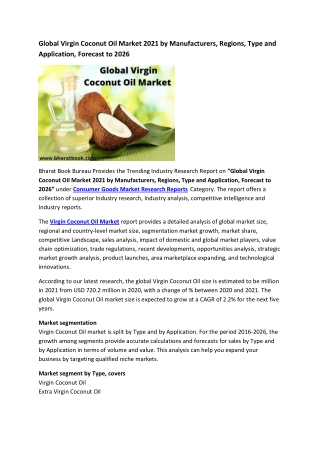 Global Virgin Coconut Oil Market Research Report 2021-2026