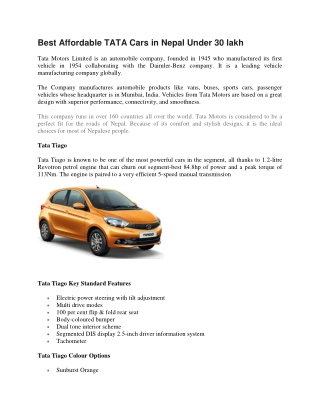 Best Affordable TATA Cars in Nepal Under 30 lakh