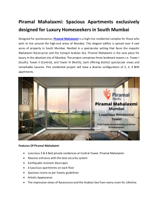 Piramal Mahalaxmi - Spacious Apartments exclusively designed for Luxury Homeseekers in South Mumbai