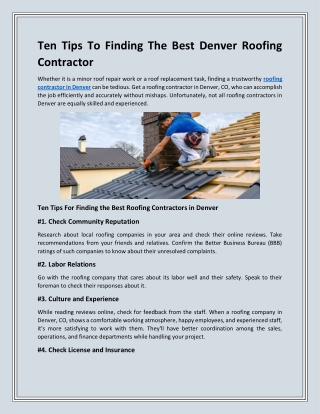 Ten Tips To Finding The Best Denver Roofing Contractor