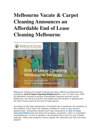 Melbourne Vacate & Carpet Cleaning Announces an Affordable End of Lease Cleaning Melbourne