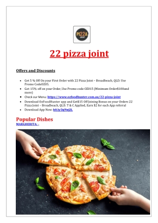 5% Off - 22 Pizza Joint Menu - Broadbeach Delivery, QLD
