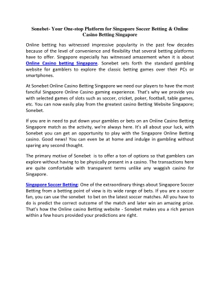 Sonebet- Your One-stop Platform for Singapore Soccer Betting & Online Casino Betting Singapore