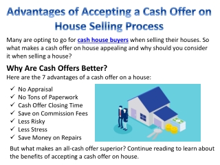 Advantages of Accepting a Cash Offer on House Selling Process