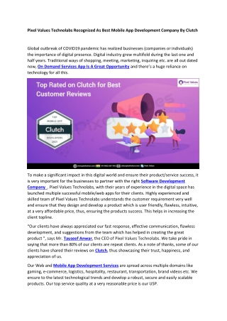 Pixel Values Recognized As Best Mobile App Development Company By Clutch