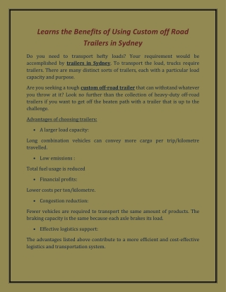 Learns the Benefits of Using Custom off Road Trailers in Sydney