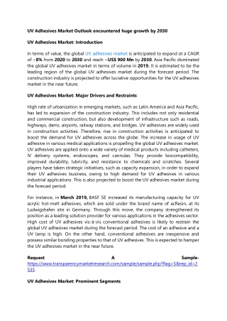 UV Adhesives Market Outlook encountered huge growth by 2030