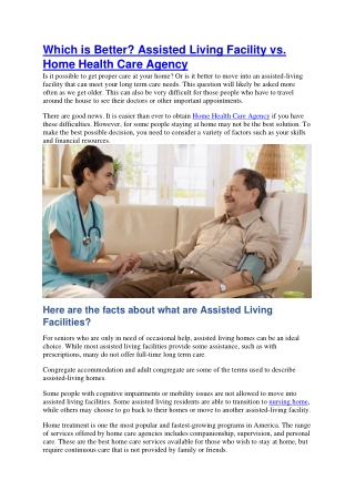 Which is Better. Assisted Living Facility vs. Home Health Care Agency