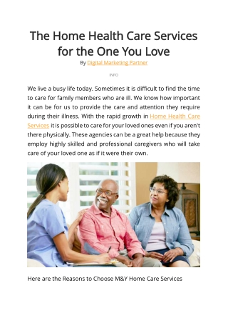The Home Health Care Services for the One You Love