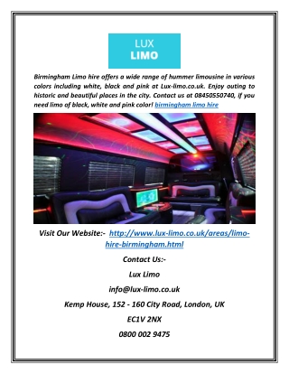 Birmingham Limo Hire at Best Price: Lux-limo.co.uk