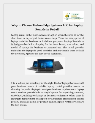 Why to Choose Techno Edge Systems LLC for Laptop Rentals in Dubai?