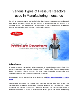 Ablaze Glass Works - Various Types of Pressure Reactors used in Manufacturing Industries