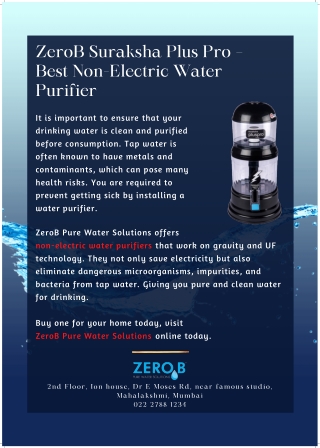 ZeroB Suraksha Plus Pro – Best Non-Electric Water Purifier