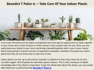 Benedict T Palen Jr. – Take Care Of Your Indoor Plants