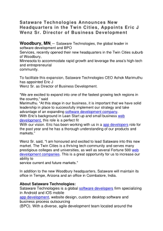 Sataware Technologies Announces New Headquarters in the Twin Cities