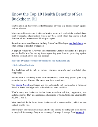 Know the Top 10 Health Benefits of Sea Buckthorn Oil