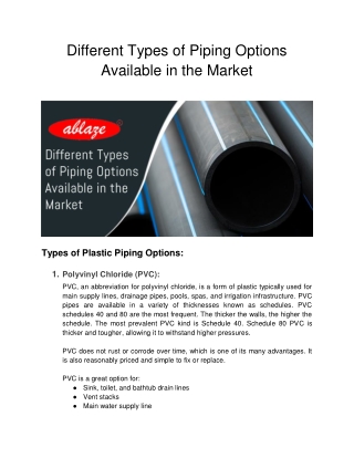 Different Types of Piping Options Available in the Market